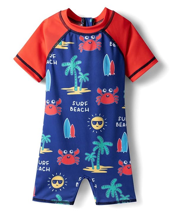 Babyhug Water Repellant Half Raglan Sleeves Legged Swimsuit with Crab Print - Navy Blue