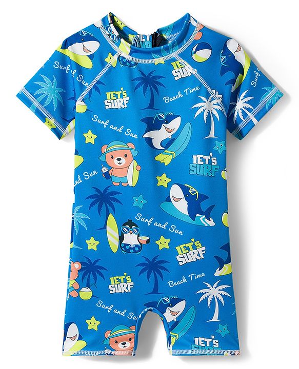 Babyhug Half Raglan Sleeves Water Repellent Legged Swimsuit With Shark Print - Blue