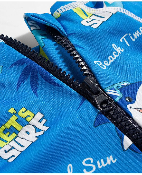 Babyhug Half Raglan Sleeves Water Repellent Legged Swimsuit With Shark Print - Blue