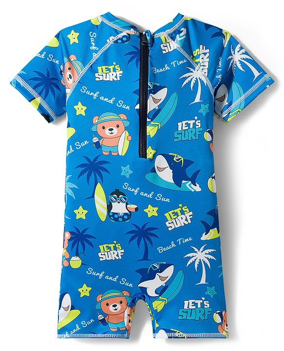 Babyhug Half Raglan Sleeves Water Repellent Legged Swimsuit With Shark Print - Blue