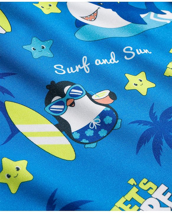 Babyhug Half Raglan Sleeves Water Repellent Legged Swimsuit With Shark Print - Blue