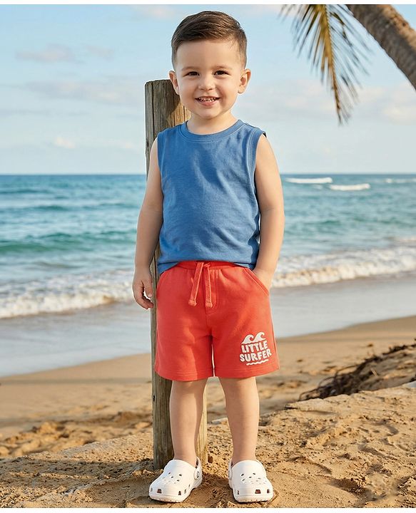 Babyhug Terry Knit Mid Thigh Length Shorts with Little Surfer Print - Red