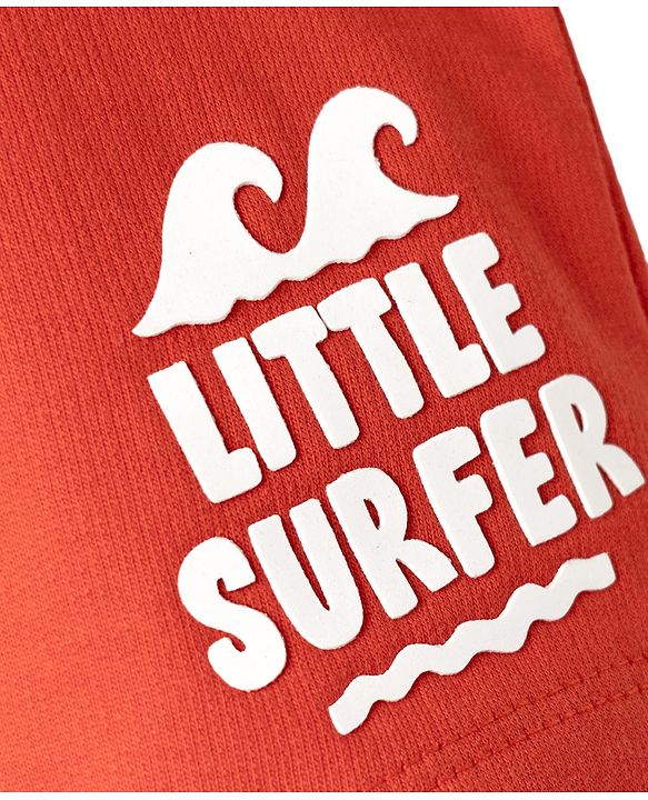 Babyhug Terry Knit Mid Thigh Length Shorts with Little Surfer Print - Red