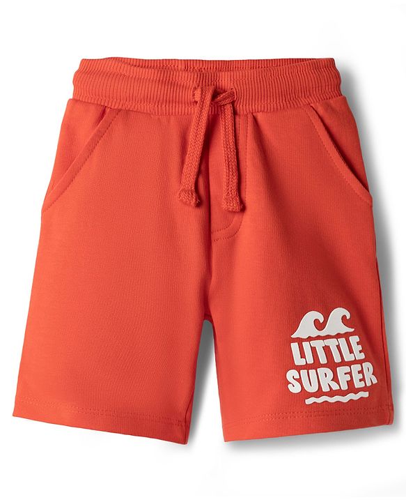 Babyhug Terry Knit Mid Thigh Length Shorts with Little Surfer Print - Red