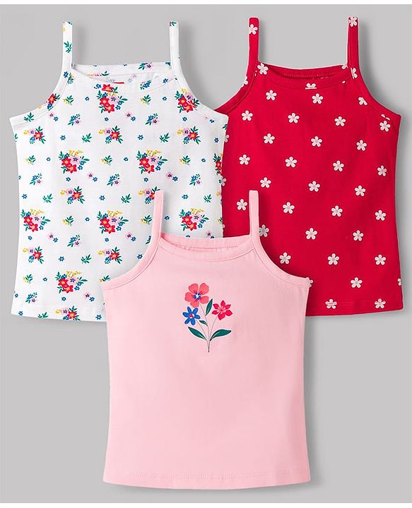 Babyhug 100% Cotton Single Jersey Knit Sleeveless Slips With Floral Print Pack of 3 - Multicolor