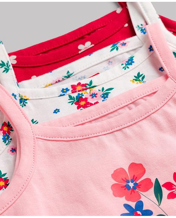 Babyhug 100% Cotton Single Jersey Knit Sleeveless Slips With Floral Print Pack of 3 - Multicolor