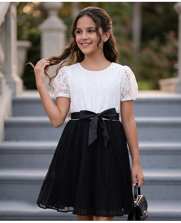 Pine Kids Woven Half Puffed Sleeves Frock with Embroidery & Bow Applique - Black