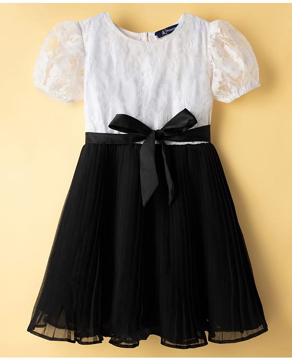 Pine Kids Woven Half Puffed Sleeves Frock with Embroidery & Bow Applique - Black