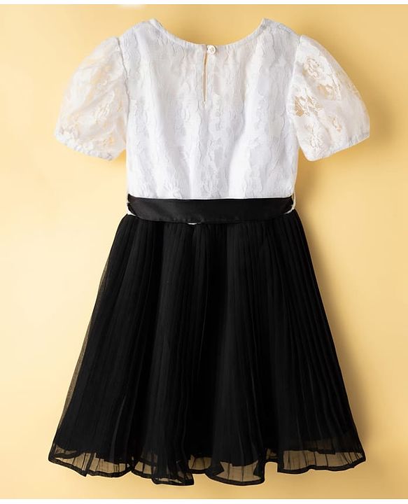 Pine Kids Woven Half Puffed Sleeves Frock with Embroidery & Bow Applique - Black