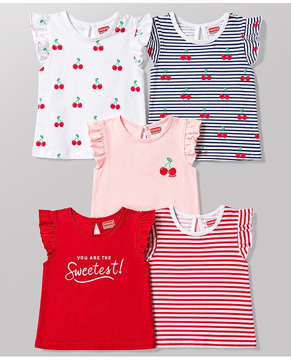 Babyhug Cotton Knit T-Shirts with Graphic Print and Ruffled Sleeves Multi Color 6-9 Months Pack of 5