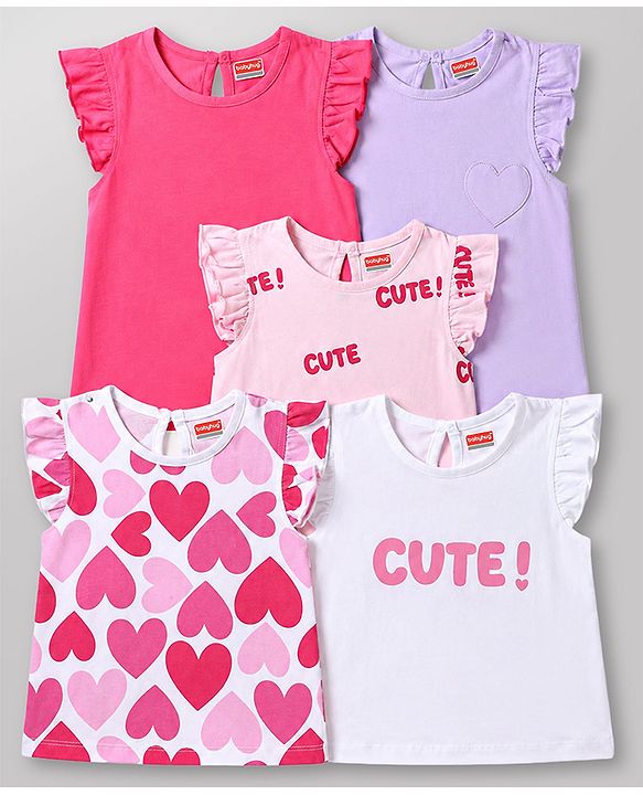 Babyhug 100% Cotton Knit Half Sleeves T-Shirts Hearts & Text Print Pack of 5 - Multicolour