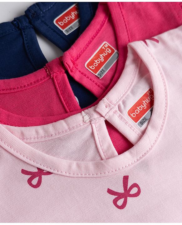Babyhug Cotton Knit Frill Sleeves Hearts Printed T-Shirts Pack of 3 - Navy & Pink