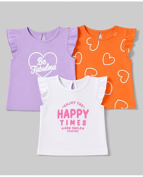 Babyhug 100% Cotton Knit Frill Sleeves Hearts & Text Printed T-Shirts Pack Of 3 - Purple Orange & White