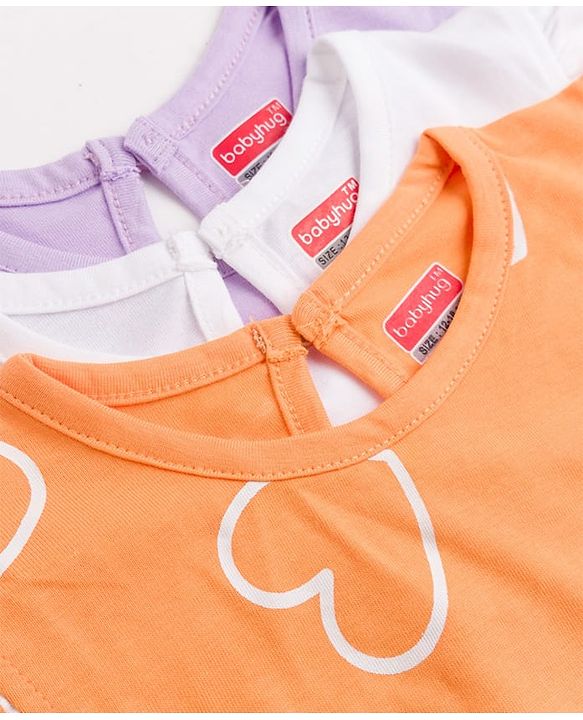 Babyhug 100% Cotton Knit Frill Sleeves Hearts & Text Printed T-Shirts Pack Of 3 - Purple Orange & White
