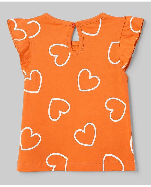 Babyhug 100% Cotton Knit Frill Sleeves Hearts & Text Printed T-Shirts Pack Of 3 - Purple Orange & White