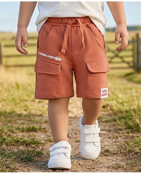 Babyhug Terry Knit Mid Thigh Vehicles Printed Shorts With Cargo Pockets - Brown