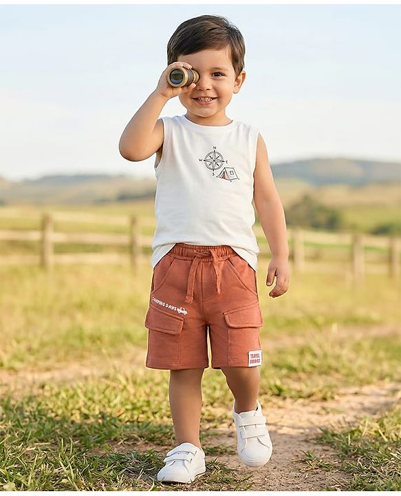 Babyhug Terry Knit Mid Thigh Vehicles Printed Shorts With Cargo Pockets - Brown
