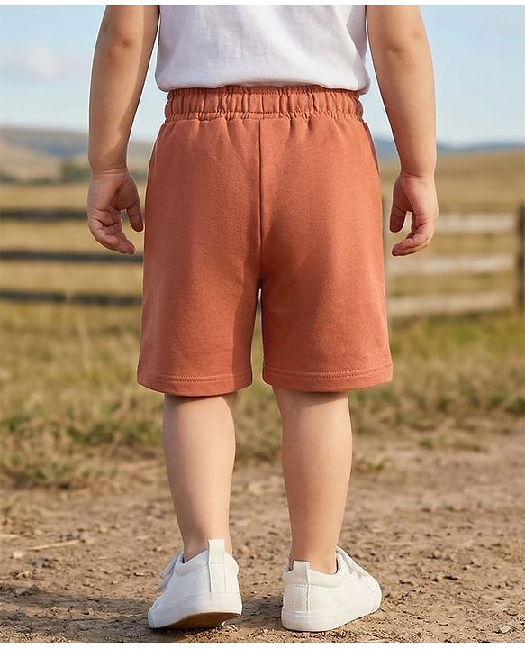 Babyhug Terry Knit Mid Thigh Vehicles Printed Shorts With Cargo Pockets - Brown