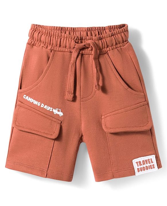 Babyhug Terry Knit Mid Thigh Vehicles Printed Shorts With Cargo Pockets - Brown