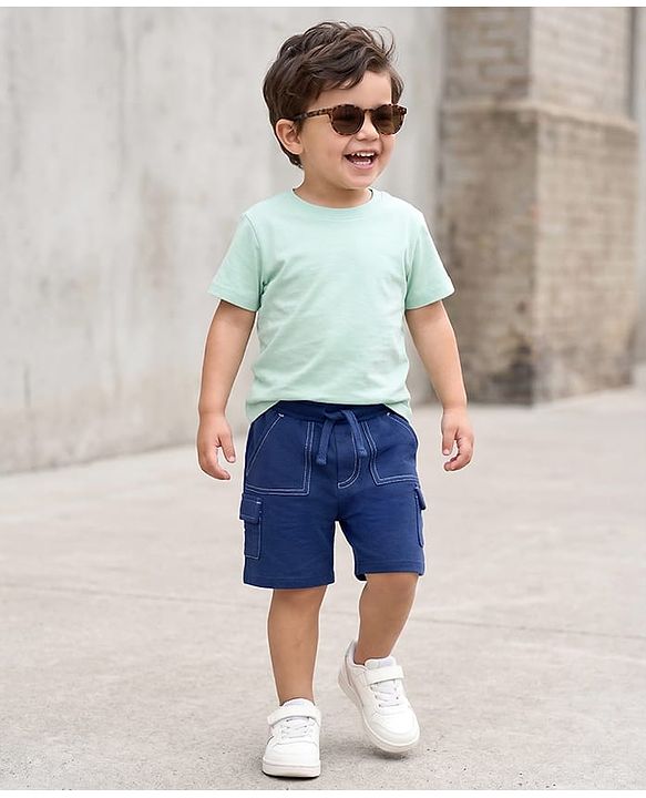 Babyhug Terry Knit Mid Thigh Length Solid Color Shorts with Pocket - Navy Blue