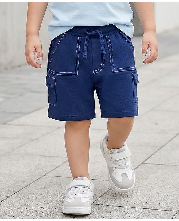 Babyhug Terry Knit Mid Thigh Length Solid Color Shorts with Pocket - Navy Blue