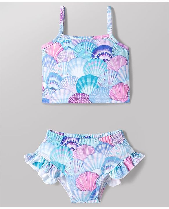 Babyhug Water Repellent Sleeveless Two Piece Swimsuit With Sea Shell Print - Sky Blue