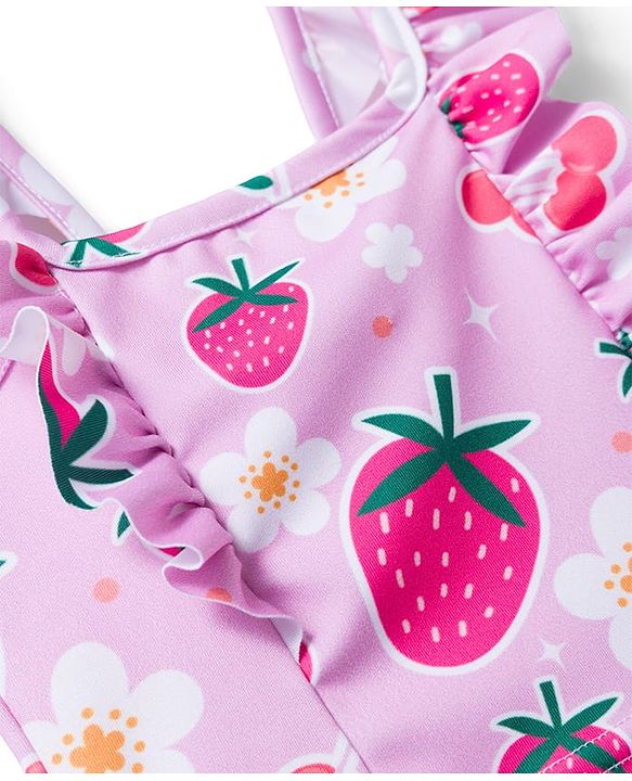 Babyhug Sleeveless Water Repellent Two Piece Swimsuit  With Floral & Strawberry Print - Pink
