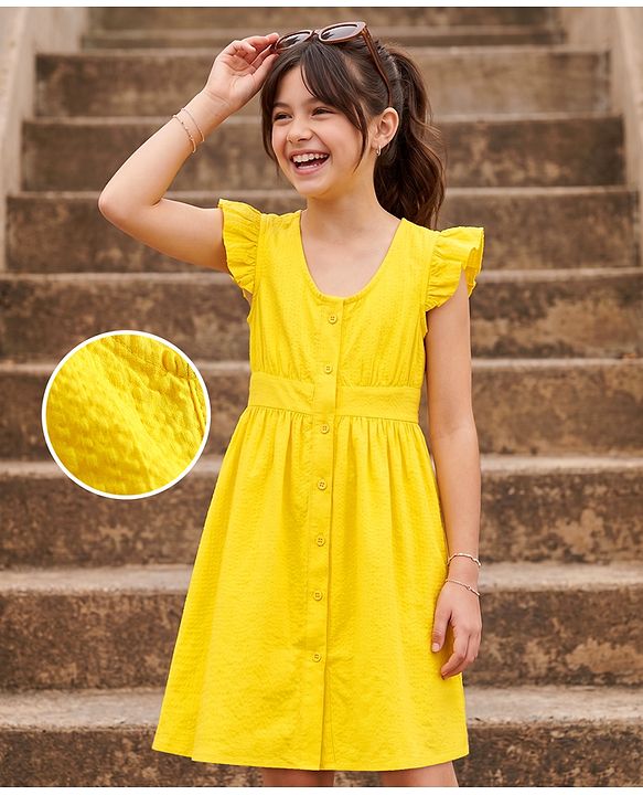 Pine Kids Cotton Woven One Piece Dresses/Frocks with Ruffle Sleeves Yellow 4-5 Years