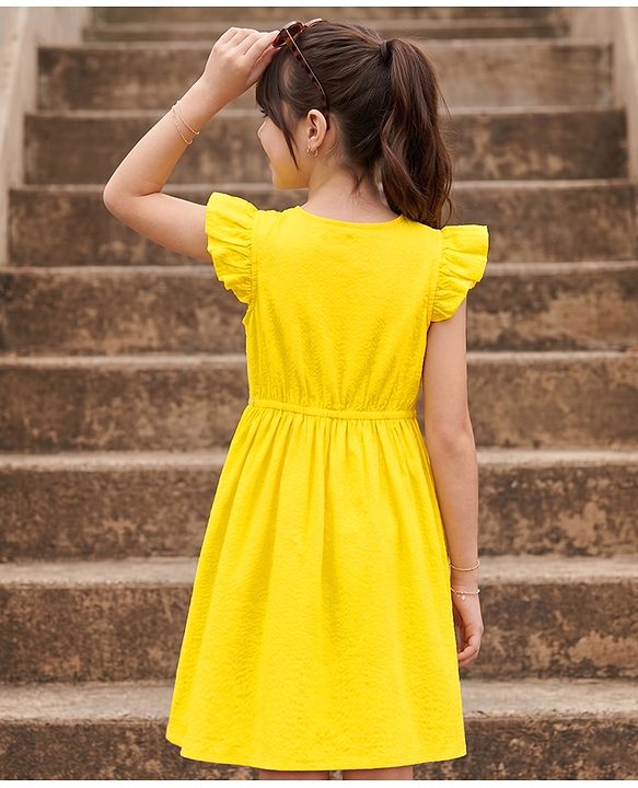 Pine Kids Cotton Woven One Piece Dresses/Frocks with Ruffle Sleeves Yellow 4-5 Years