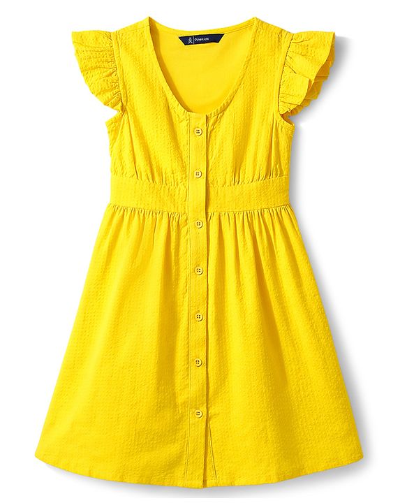 Pine Kids Cotton Woven One Piece Dresses/Frocks with Ruffle Sleeves Yellow 4-5 Years