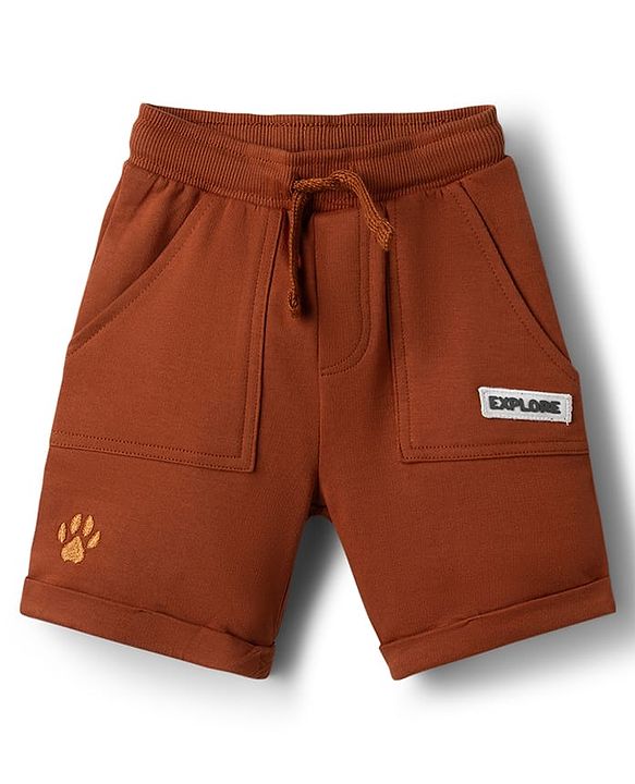 Babyhug Terry Knit Mid Thigh Shorts with Paw Embroidery - Rust Orange