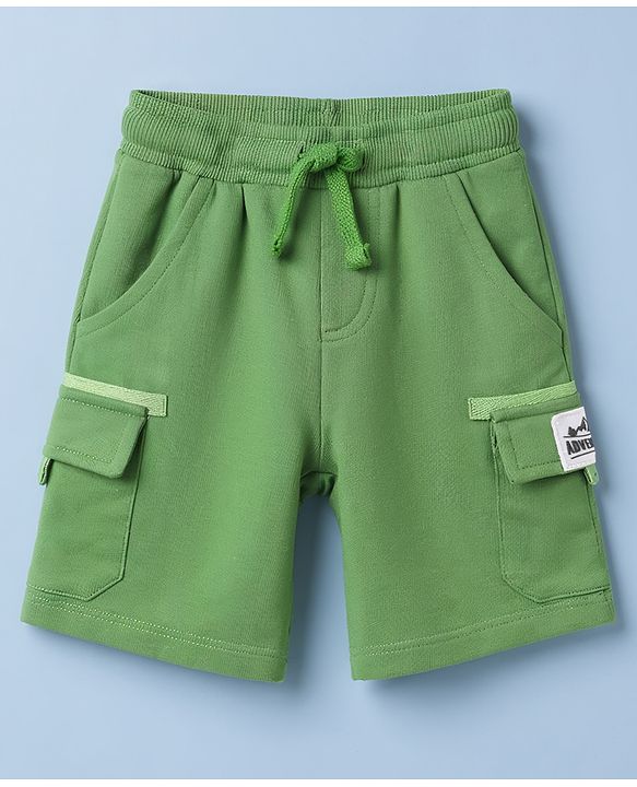 Babyhug Terry Knit Mid Thigh Shorts With Cargo Pockets & Patch - Green