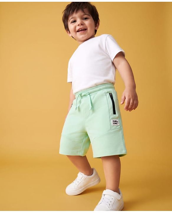 Babyhug Terry Knit Mid Thigh Shorts With Zipper Pockets - Green