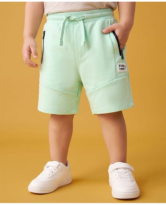Babyhug Terry Knit Mid Thigh Shorts With Zipper Pockets - Green