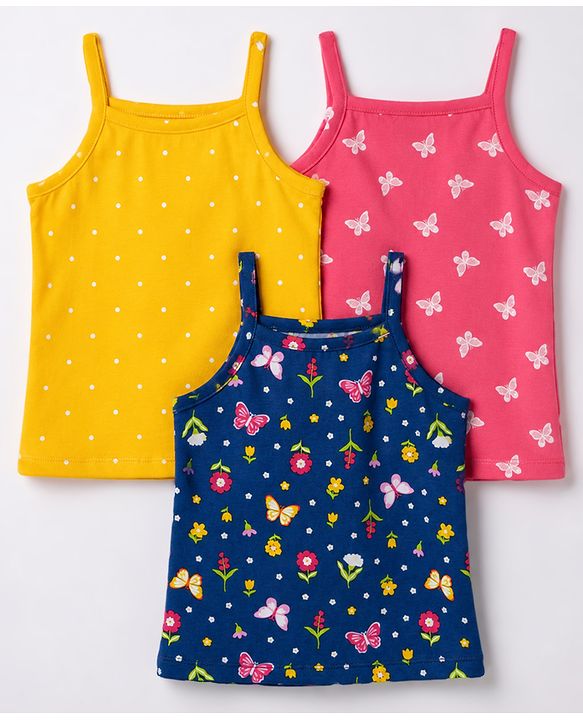 Babyhug 100% Cotton Knit Sleeveless Polka Dots & Floral Printed Slips Pack of 3 - Pink Navy Blue & Yellow