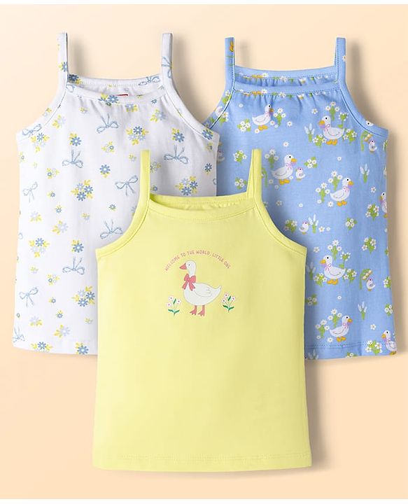 Babyhug 100% Cotton Single Jersey Knit Sleeveless Slips with Floral & Duck Print Pack of 3 - Multicolour