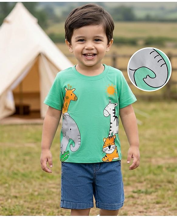 Babyhug Single Jersey Knit Half Sleeves T-Shirt & Shorts Set With Animal Print - Green & Blue