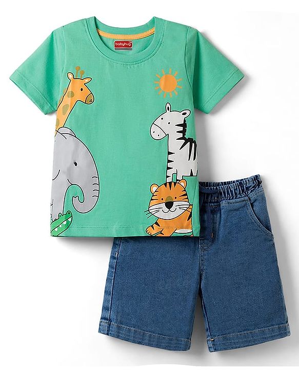 Babyhug Single Jersey Knit Half Sleeves T-Shirt & Shorts Set With Animal Print - Green & Blue