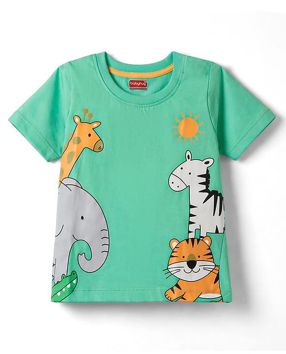 Babyhug Single Jersey Knit Half Sleeves T-Shirt & Shorts Set With Animal Print - Green & Blue