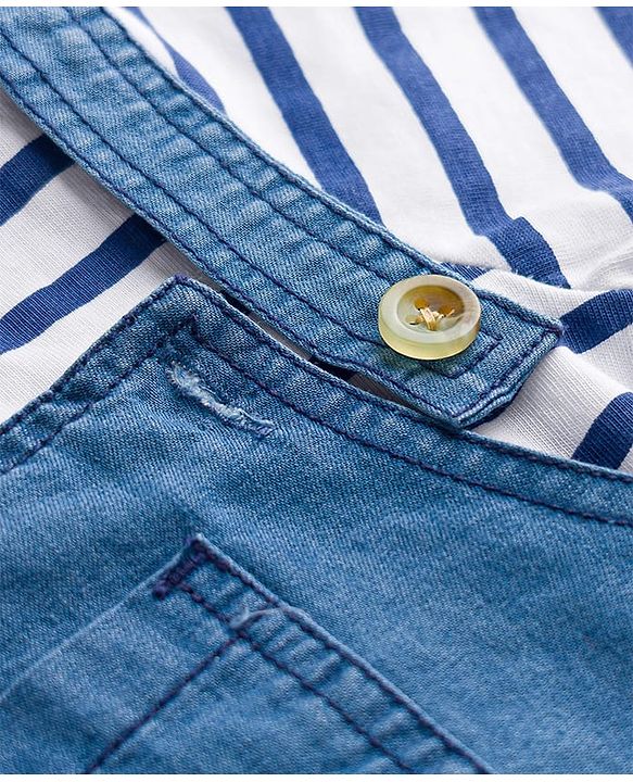 Babyhug Interlock Knit Half Sleeves Striped T-Shirt & Dungaree Set With Bear Patch - Multicolor