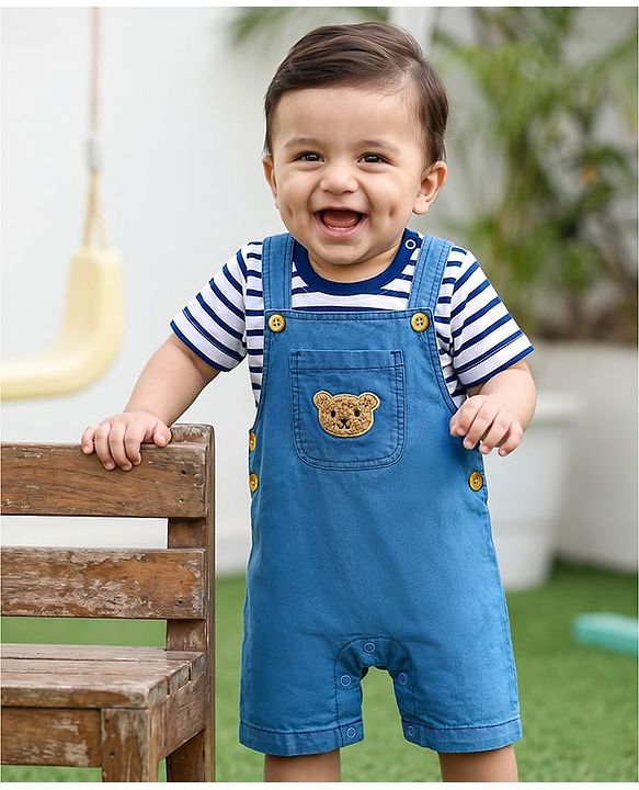 Babyhug Interlock Knit Half Sleeves Striped T-Shirt & Dungaree Set With Bear Patch - Multicolor