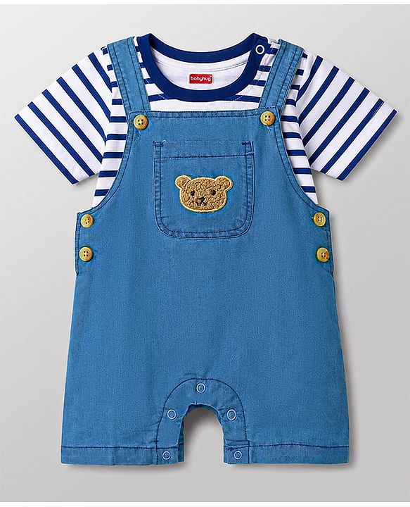 Babyhug Interlock Knit Half Sleeves Striped T-Shirt & Dungaree Set With Bear Patch - Multicolor