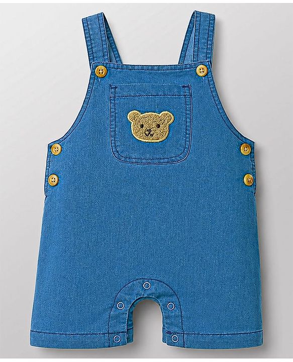 Babyhug Interlock Knit Half Sleeves Striped T-Shirt & Dungaree Set With Bear Patch - Multicolor