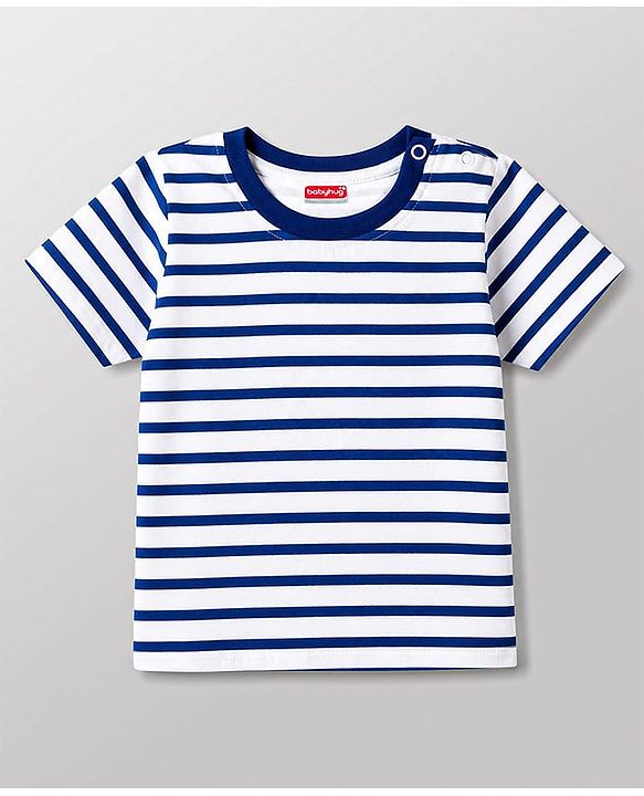 Babyhug Interlock Knit Half Sleeves Striped T-Shirt & Dungaree Set With Bear Patch - Multicolor