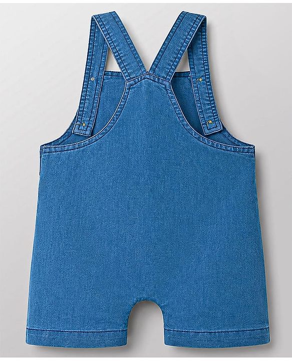 Babyhug Interlock Knit Half Sleeves Striped T-Shirt & Dungaree Set With Bear Patch - Multicolor