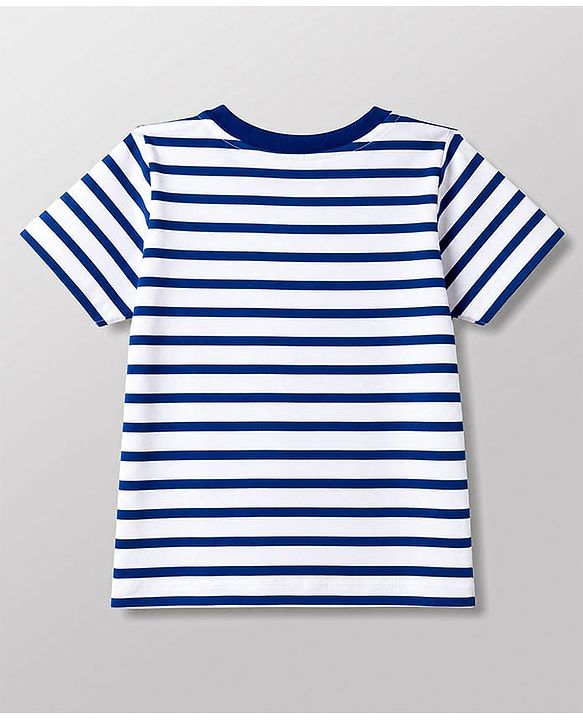 Babyhug Interlock Knit Half Sleeves Striped T-Shirt & Dungaree Set With Bear Patch - Multicolor