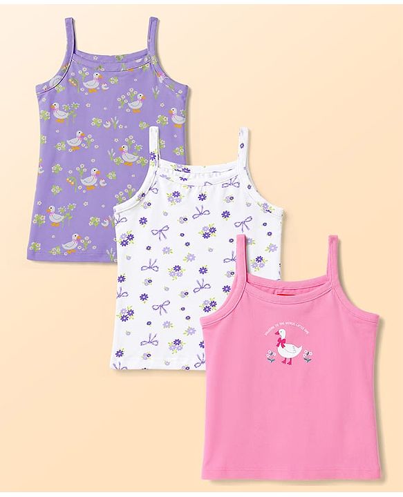 Babyhug 100% Cotton Single Jersey Knit Sleeveless Slips with Floral & Duck Print Pack of 3 - Multicolour