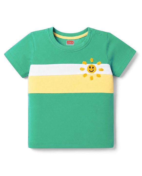 Babyhug Single Jersey Knit Half Sleeves Striped T-Shirt & Denim Shorts Set With Sun Embroidery - Green & Blue