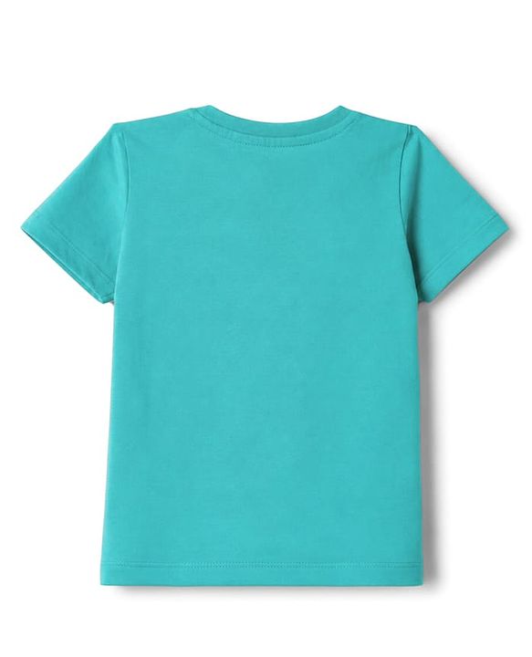 Babyhug Single Jersey Knit Half Sleeves Striped T-Shirt & Denim Shorts Set With Sun Embroidery - Green & Blue