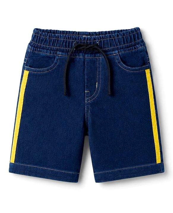 Babyhug Single Jersey Knit Half Sleeves Striped T-Shirt & Denim Shorts Set With Sun Embroidery - Green & Blue